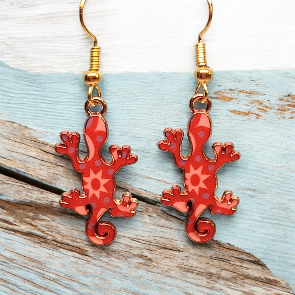 Gecko Design Gold and Red Earrings